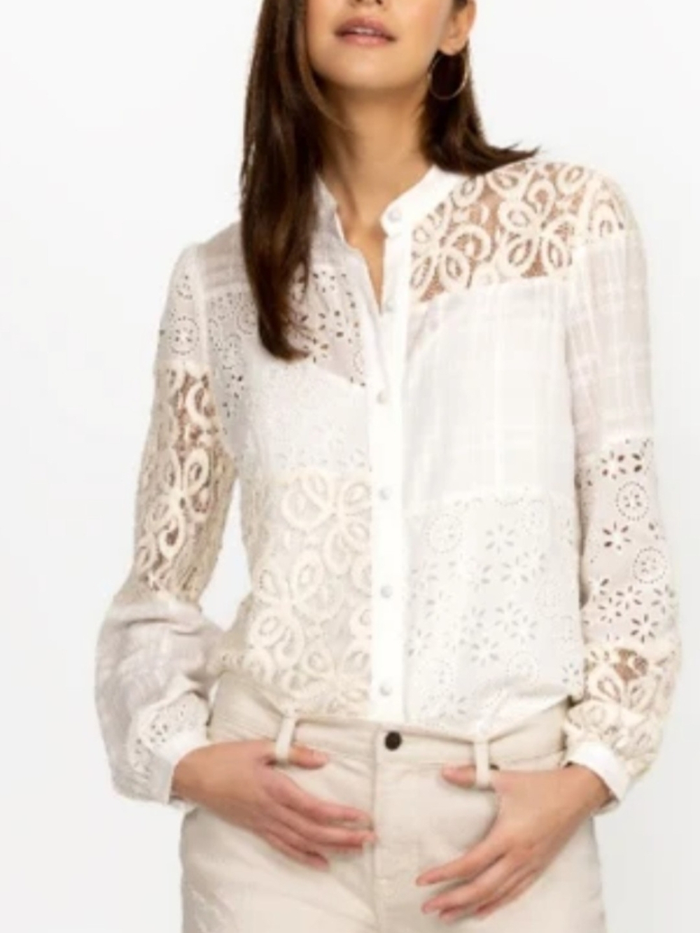 Johnny Was Ivory Lace Patchwork Button-Front Blouse